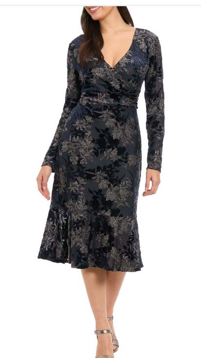 London Times Black Floral Burnout V-Neck Long Sleeve Faux Wrap Dress - Picture 3 of 3